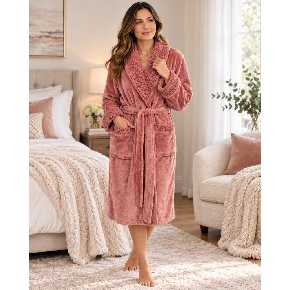 Natori Womens S Plush Velour Robe Dusty Rose Faux Fur Trim Belted Pockets
